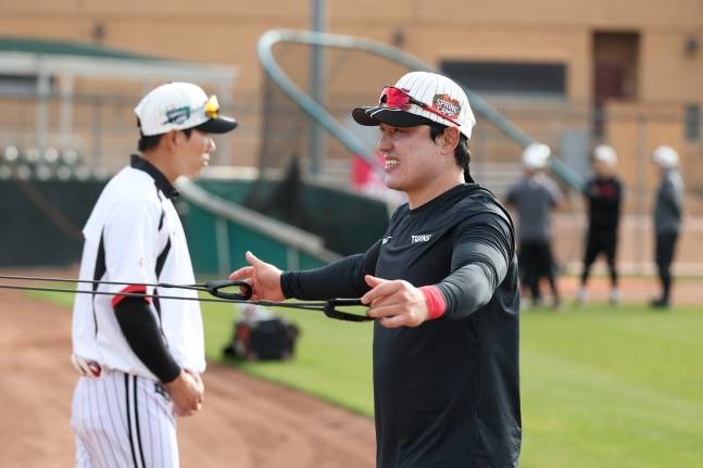 박동원이 최근 미국 애리조나주 스코츠데일에서 열린 2026 LG 스프링캠프에서 훈련 중이다. /사진=LG 트윈스 제공