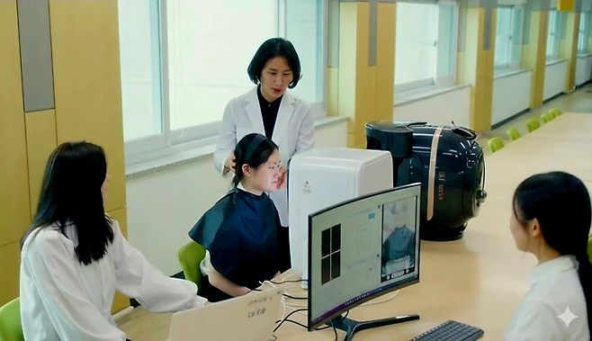 경복대학교 의료미용학과의 AI피부진단기를 활용한 실습수업 모습. 사진=경복대학교