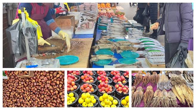 화원전통시장 한 어물전 풍경(아래는 시장서 팔고 있는 재사용 건어물과 과일).