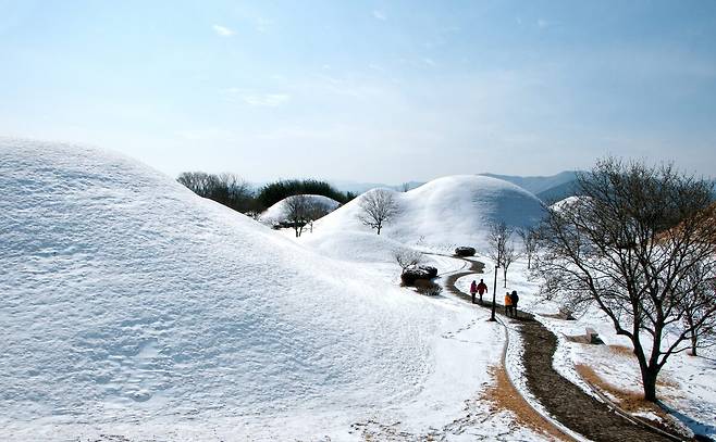 눈 내린 대릉원 고분군이 신라 왕도의 위엄과 겨울 풍경이 어우러진 장관을 연출하고 있다. /경주시 제공
