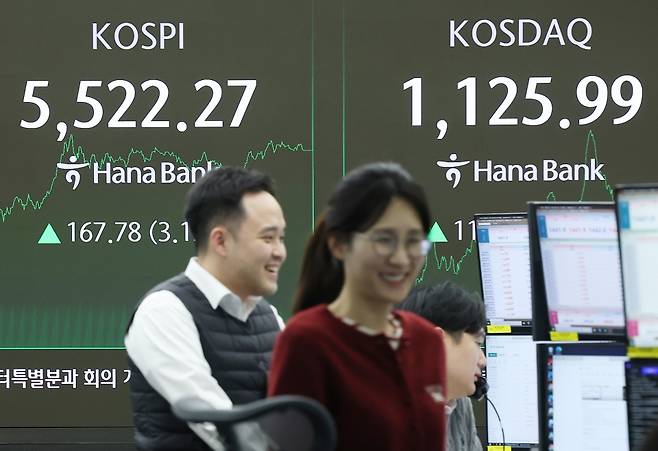 12일 오후 서울 중구 하나은행 본점 딜링룸 현황판에 코스피, 코스닥 지수가 표시돼 있다. 연합뉴스