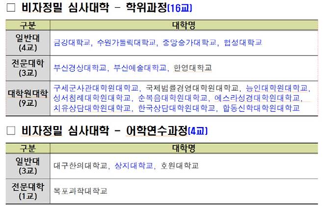 비자 정밀 심사 대학 지정 현황(자료: 교육부)