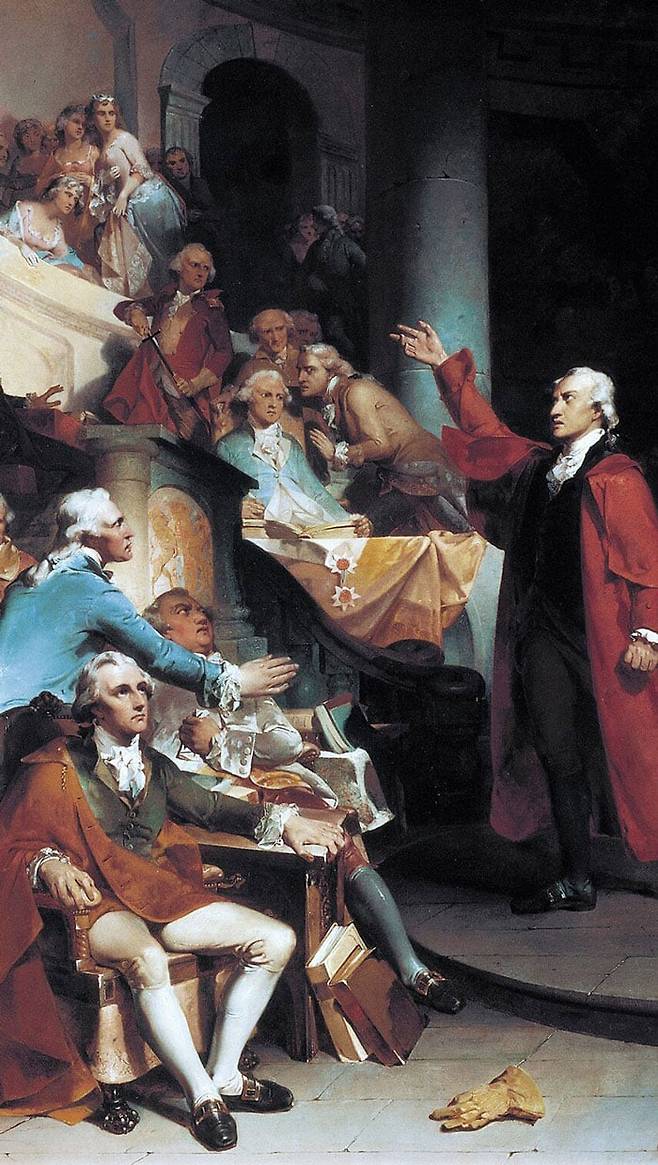 1765년 미국 독립운동가 패트릭 헨리(오른쪽 붉은 옷)가 영국 정부가 부과한 인지세법에 반대해 버지니아에서 연설하는 장면을 묘사한 화가 피터 F. 로더멜의 그림. /미국 패트릭 헨리 기념관