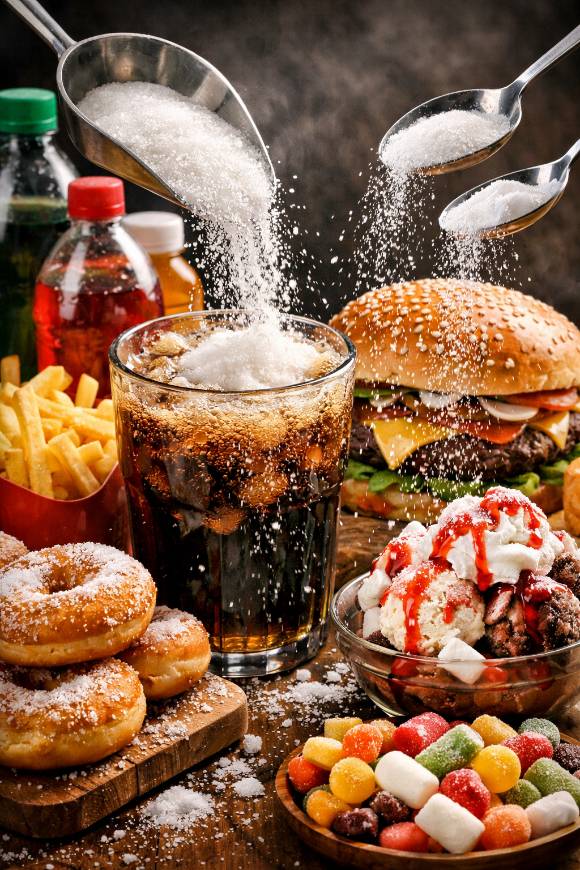 청량음료와 각종 가공식품에 설탕이 대량으로 사용되는 모습. [사진=AI 생성 이미지]