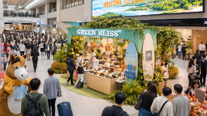 설 연휴를 맞아 로컬 팝업과 환영 프로그램이 운영 중인 제주공항 도착장 모습.