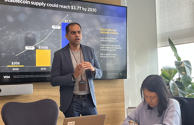 니신트 상하비(왼쪽) 비자(VISA) 아시아태평양 디지털커런시 총괄이 12일 서울 중구에서 스테이블코인을 주제로 간담회를 진행하고 있다. [사진=유동현 기자]