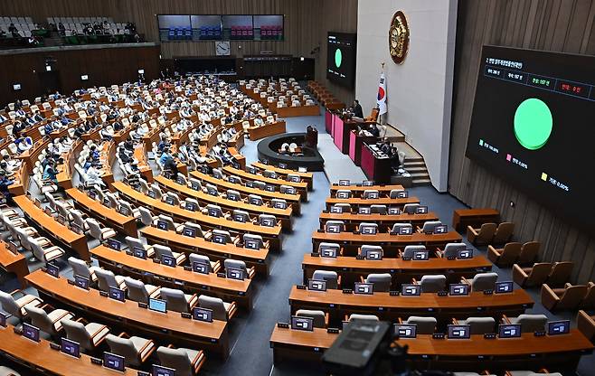 12일 오후 서울 여의도 국회에서 열린 2월 임시국회 본회의에서 민법일부개정 법률안이 통과되고 있다. 이날 국민의힘은 전날 법제사법위원회에서 여당 주도로 처리된 사법개혁안에 반발해 본회의와 상임위에 불참했다. 이상섭 기자