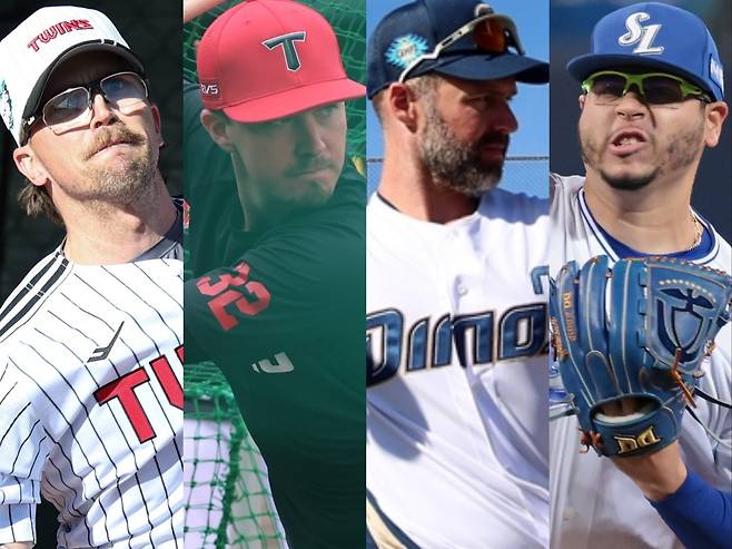 LG 라클란 웰스, KIA 제리드 데일, NC 맷 데이비슨, 삼성 아리엘 후라도(왼쪽부터)은 2026 WBC에 출전한다. 이들은 국제대회서 한국의 경계대상이 될 전망이다. 사진제공｜LG 트윈스·KIA 타이거즈·NC 다이노스·삼성 라이온즈