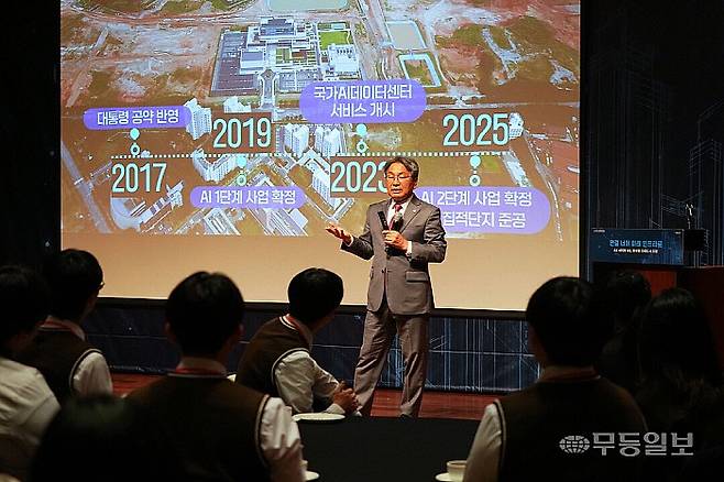 강기정 광주시장이 2025년 11월 5일 오전 서울 신라호텔에서 열린 ‘제10회 서울미래컨퍼런스’에 참석해 ‘대한민국 AI 3강 AI 실증도시 광주’를 주제로 기조연설을 하고 있는 가운데 국가NPU컴퓨팅센터를 광주에 설립할 것을 제안했다. 광주시