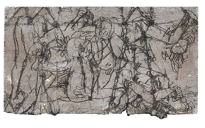 이중섭(1916–1956) , 가족, incising and oil paint on metal foil on paper, 8.9×15.3cm, 3500만-7000만 원 (서울옥션 제공)