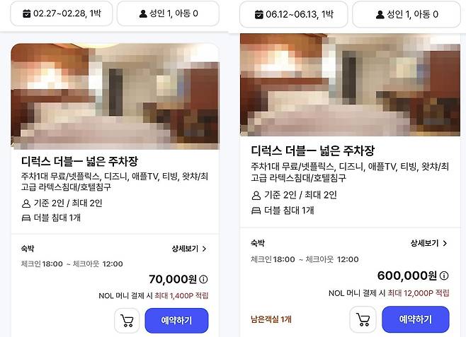 26일 숙박업소 예약 플래폼을 보면 평시 주말 1박에 7만원을 받는 부산의 한 숙박업소가 BTS 공연 기간 같은 객실 요금을 60만원으로 책정한 사례가 확인된다. 사진 예약플랫폼 캡쳐