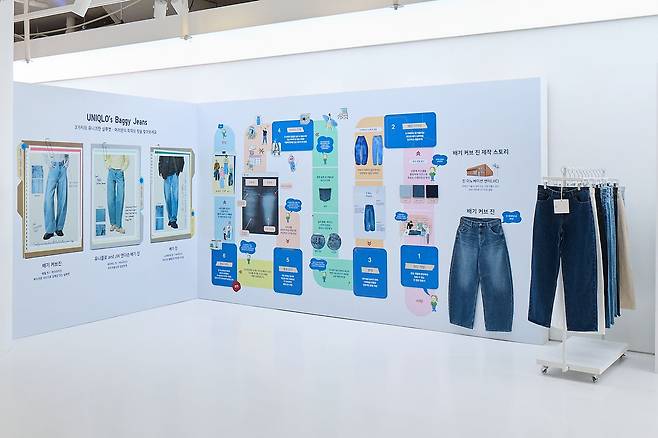 이번 시즌 배기진 3종과 디자인 과정 및 핵심 요소들을 소개하는 'JEANS Zone'. 사진 유니클로