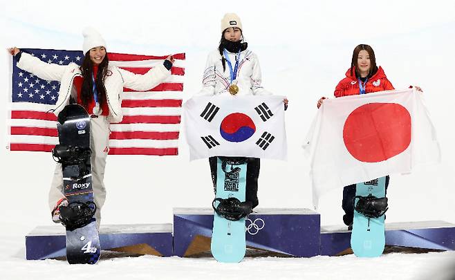 왼쪽부터 미국 클로이 김, 한국 최가온, 일본 오노 미츠키. 연합뉴스