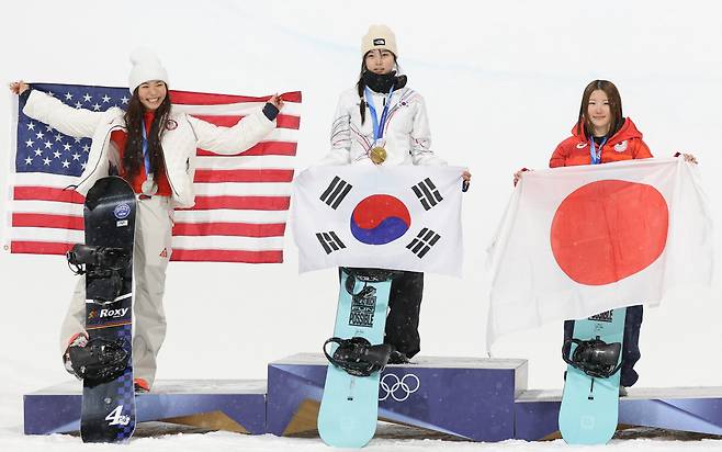 '금메달' 태극기 펼친 최가온

    (리비뇨=연합뉴스) 류영석 기자 = 12일(현지시간) 이탈리아 리비뇨 스노파크에서 열린 2026 밀라노·코르티나담페초 동계 올림픽 스키 스노보드 여자 하프파이프 결선에서 90.25점을 획득해 금메달을 획득한 한국 최가온이 시상대에 올라 태극기를 펼치고 있다. 2026.2.13