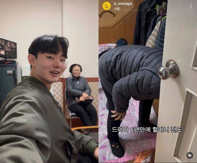 강원빈씨가 6년간 전도해 온 할머니와 함께 지난해 11월 서울 강동구 한소망교회를 처음 방문한 날을 기념하며 사진을 찍고 있다. 오른쪽 사진은 할머니가 교회에 가기 위해 옷을 챙겨 준비하는 모습을 강씨가 인스타그램에 공유한 장면. 강씨 제공, 인스타그램 캡처