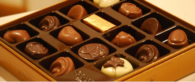 여러 프랄린으로 구성된 고디바 초콜릿