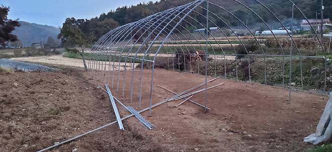 쇠파이프를 간격에 맞춰 끼워넣어 골조를 세웠다.