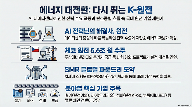 글로벌 에너지 시장에서 원자력 발전이 에너지 안보와 탄소 중립이라는 두 마리 토끼를 잡을 핵심 열쇠로 다시 주목받고 있다. 인공지능(AI) 데이터센터 증설에 따른 전력 수요 폭증과 저탄소 전원 확보 필요성이 맞물리며 국내 원전 기업들의 기업 가치 재평가 본격화 할 것이란 전망이 나온다.(구글 노트북 LM)