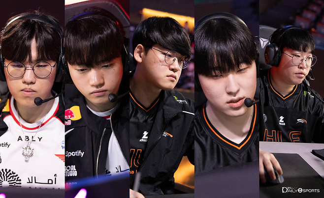 2002년생인 T1 '오너'-'케리아' 한화생명e스포츠 '구마유시'-'제카'-'딜라이트'(왼쪽부터)