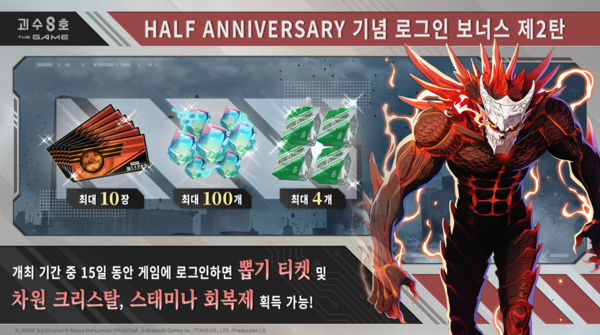 괴수 8호 THE GAME 정식 서비스 반 주년을 기념한 대형 프로모션의 일환인 0.5주년 기념 로그인 보너스 제2탄은 게임에 접속만 해도 풍성한 혜택의 캠페인 보상을 제공한다.(0.5주년 기념 로그인 보너스 제2탄 이미지). /사진=아카츠키 게임즈