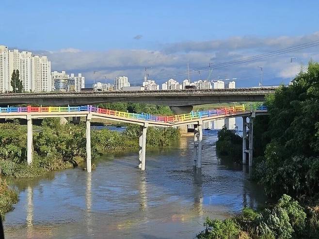 2025년 7월21일 울산 중구 다운동의 옛 삼호교 일부가 무너진 모습. 이 다리는 폭우로 인해 전날 저녁 붕괴됐다. 울산시 제공