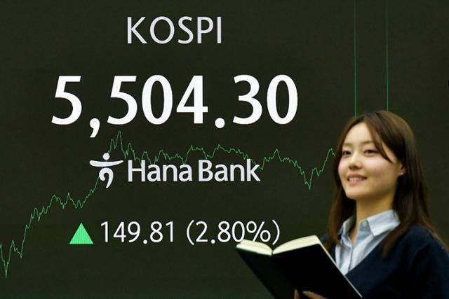 코스피가 장중 5,500선을 돌파한 12일 서울 중구 하나은행 딜링룸 전광판에 코스피 지수가 표시되고 있다. 임지훈 인턴기자