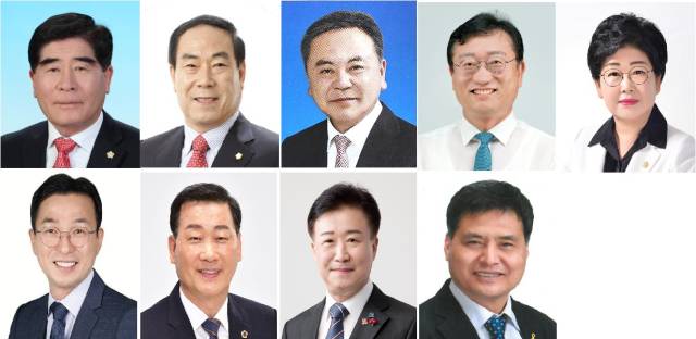 ▲여수시장 후보군. 왼쪽 위부터 시계방향으로 김순빈 전 여수시의원, 김영규 여수시의원, 김창주 전 여수경실련 공동대표, 명창환 전 전남도 행정부지사, 백인숙 여수시의장, 주종섭 전남도의원, 정기명 여수시장, 이광일 전남도의원, 서영학 전 대통령 비시설 행정관.ⓒ프레시안