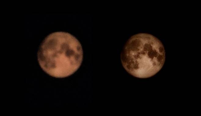 레딧 이용자 'ibreakphotos'가 의도적으로 흐리게 처리한 달 이미지(왼쪽)를 삼성 갤럭시로 촬영하자 원본에 없던 크레이터와 그림자가 AI에 의해 추가됐다(오른쪽). ibreakphotos 캡처