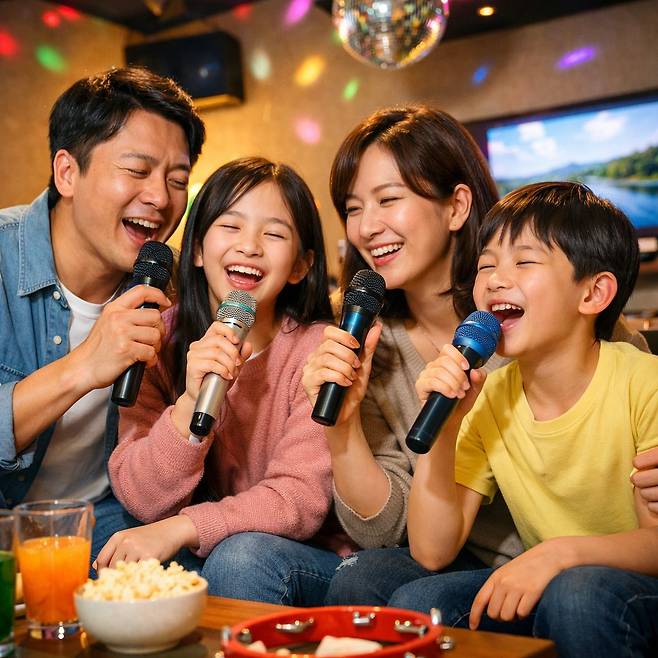 가족들이 노래방에서 함께 노래를 부르는 장면을 챗GPT로 만든 이미지.