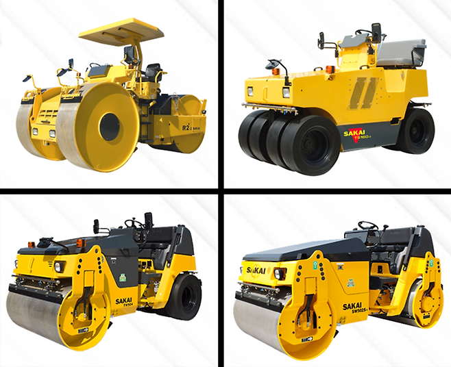아스팔트 도로를 만들 때 쓰는 장비에도 머캐덤의 유산은 남아있다. 왼쪽 상단부터 도로공사할때 ‘그거’ 시계 방향으로 머캐덤 롤러(공사현장 마카담로라), 타이어 롤러, 탠덤 롤러(단뎀로라), 콤바인 롤러(콤비로라)  [SAKAI]