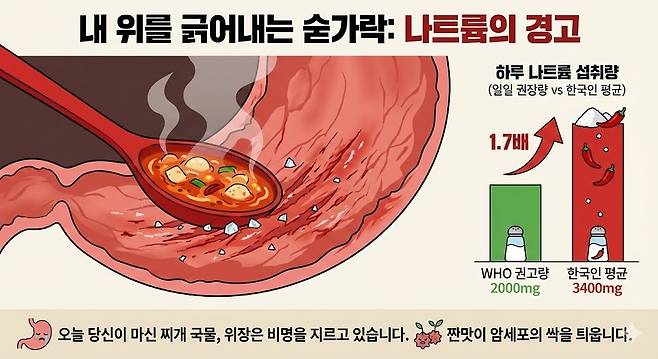 내 위를 긁어내는 숟가락: 나트륨의 경고. 제미나이 생성 그래픽