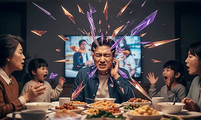 명절 식탁에서 오가는 수많은 소리들이 당신에게는 공격처럼 느껴질 수 있다. 이는 뇌가 보내는 비상 신호다. AI 생성 이미지