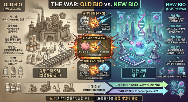 올드 바이오에서 뉴 바이오로 패러다임 전환을 묘사한 AI 이미지.