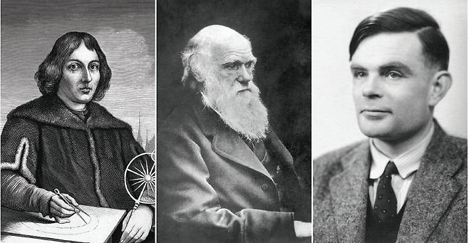 니콜라우스 코페르니쿠스, 찰스 다윈, 앨런 튜링(왼쪽부터)은 모두 다른 시대에 살았던 과학자지만 과학적 발견 및 추론으로 당시 인간의 지위와 정체성을 뒤흔들었다는 공통점이 있다. GETTYIMAGES ·동아DB