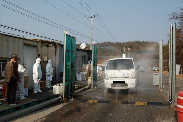 도촌리 양계단지 방역 초소에서 출입 차량을 대상으로 소독이 이뤄지고 있다. 봉화군 제공