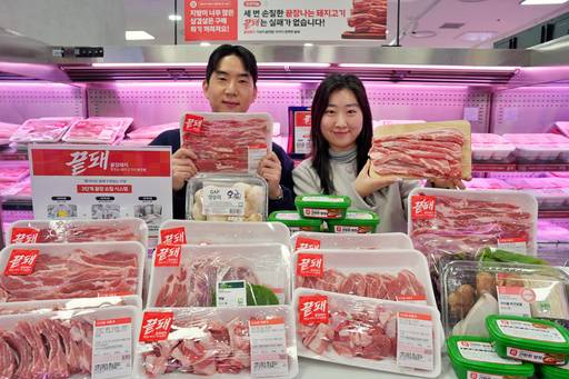 롯데마트가 끝돼DAY를 열고 캐나다산 돼지고기 전 품목 50% 할인에 나선다/롯데마트