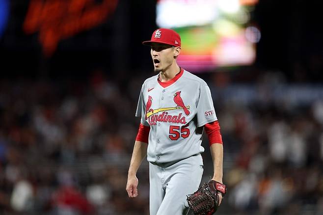 세인트루이스 라일리 오브라이언이 23일(현지시간) 미국 캘리포니아주 오라클파크에서 열린 2025 ML 샌프란시스코와 경기에서 승리한 뒤 기뻐하고 있다. 사진 | AFP연합뉴스