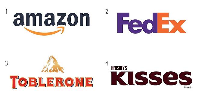 1 아마존(Amazon). 2 페덱스(FedEx). 3 토블론(Toblerone). 4 허쉬 키세스(Hershey’s Kisses) 로고. /사진 각사