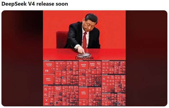 미국 최대 온라인 커뮤니티 ‘레딧’(Reddit)에 올라온 딥시크 ‘V4’ 출시 임박 소식과 그에 따른 미 빅테크 기업의 주가 하락 전망을 풍자한 이미지. 레딧 갈무리