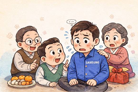 설 연휴에 성과급 질문을 받는 삼성전자 직원을 챗GPT로 그린 그림. [사진=챗GPT]