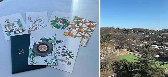 [좌] 서하나 작가와 협업하여 만든 코스별 특징을 은유하는 요리 카드 [우] 사계절을 느낄 수 있는 더 그린테이블의 창덕궁 뷰 / 사진. ⓒ김현정