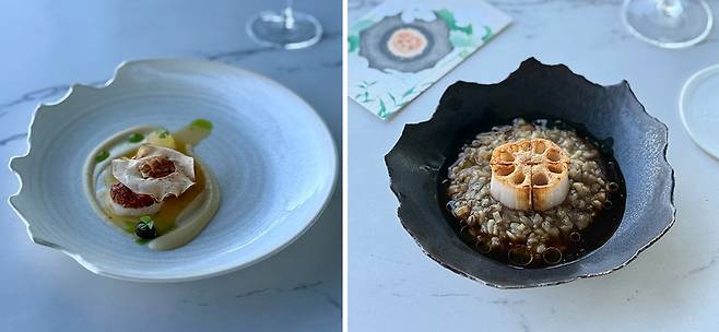 [좌] 사과로 이야기를 풀어낸 가리비 요리 [우] 검은 보리와 귀리의 식감이 매력적인 시그니처 메뉴 / 사진. ⓒ김현정