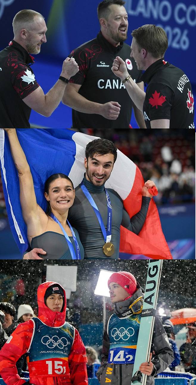 (위부터) 캐나다 남자 컬링 선수들이 부정행위 논란 속에 지난 13일 스웨덴을 꺾고 기뻐하고 있다. 프랑스 피겨스케이팅 아이스댄스 대표 로랑스 푸르니에 보드리와 기욤 시즈롱은 자국 심판의 높은 점수를 받고 같은 날 금메달을 목에 걸었다. 일본 남자 스키점프 슈퍼팀의 니카이도 렌은 폭설로 경기가 조기 종료돼 메달을 놓치자 착잡한 표정을 지었다. 코르티나담페초·밀라노·프레다초 | AP·AFP연합뉴스