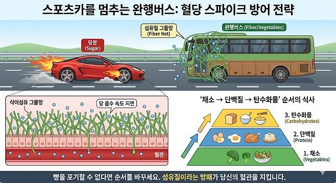 스포츠카를 멈추는 완행버스: 혈당 스파이크 방어 전략. 제미나이 생성 그래픽