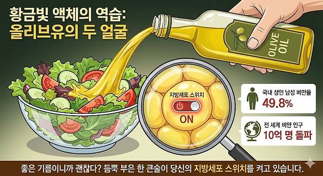 황금빛 액체의 역습: 올리브유의 두 얼굴. 제미나이 생성 그래픽