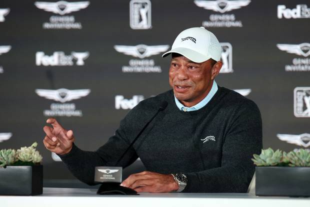 타이거 우즈가 17일 PGA 투어 제네시스 인비테이셔널 공식 기자회견에서 질문에 답하고 있다. 이매진이미지스연합뉴스