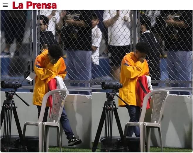 18일(한국시간) 온두라스 산페드로술라의 프란시스코 모라산 경기장에서 열린 2026 북중미카리브축구연맹(CONCACAF) 챔피언스컵 1라운드 1차전 레알 에스파냐(온두라스전)와 로스앤젤레스(LA)FC 종료 후 손흥민에게 사인을 받은 레알 에스파냐 관계자가 눈물을 흘리고 있다. /사진=라프렌사 홈페이지 캡처
