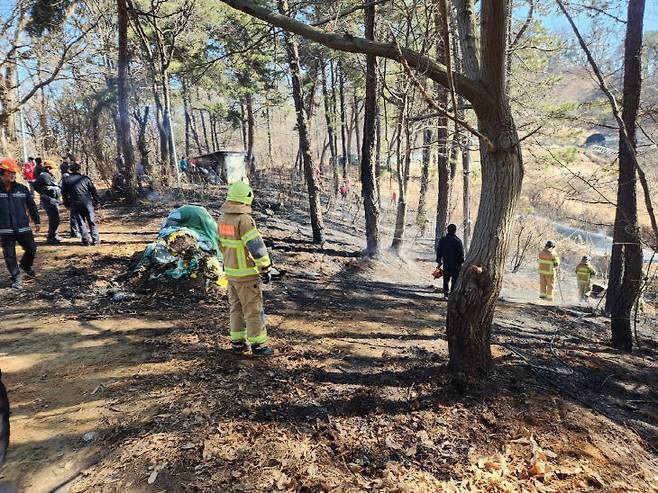 2월 19일 대전 대덕구 삼정동의 한 야산 화재를 진화하는 모습. (사진=대전소방본부 제공)