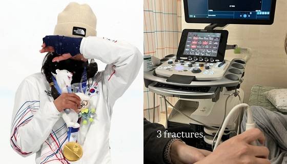 우리 시간으로 13일 새벽 이탈리아 리비뇨 스노파크에서 열린 2026 밀라노·코르티나담페초 동계 올림픽 스키 스노보드 여자 하프파이프 결선에서 90.25점을 획득해 금메달을 획득한 한국 최가온이 금메달을 목에 건 뒤 눈물을 흘리고 있다. 〈사진=연합뉴스(왼쪽), 최가온 SNS〉