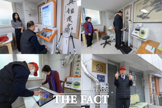 스마트경로당에는 △안면인식 IoT 건강관리 시스템 △화상플랫폼 △스마트워킹 △스마트테이블 △공기질관리시스템 등이 설치돼 있다. 사진은 최영희 씨가 IoT 기반 안면인식 건강관리시스템 등을 이용하는 모습. /양천구